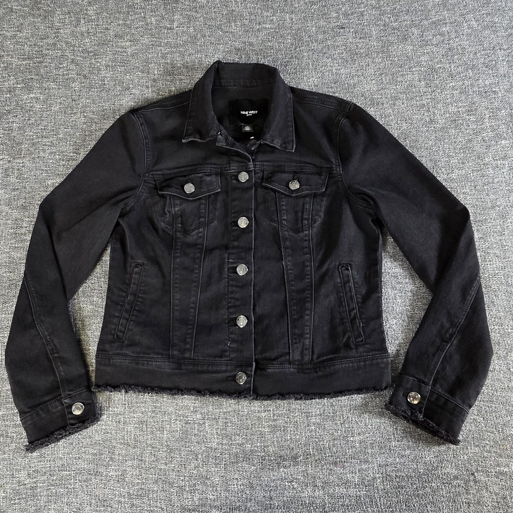 Nine West Jeans Black Denim Jacket Frayed Raw Hem Stretch Missy Medium
